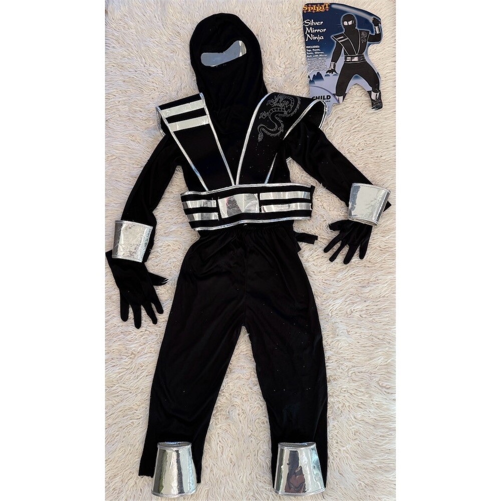 Spirit Halloween Ninja Child Costume Set Silver Mirror Hood Mask Gloves S 4 6